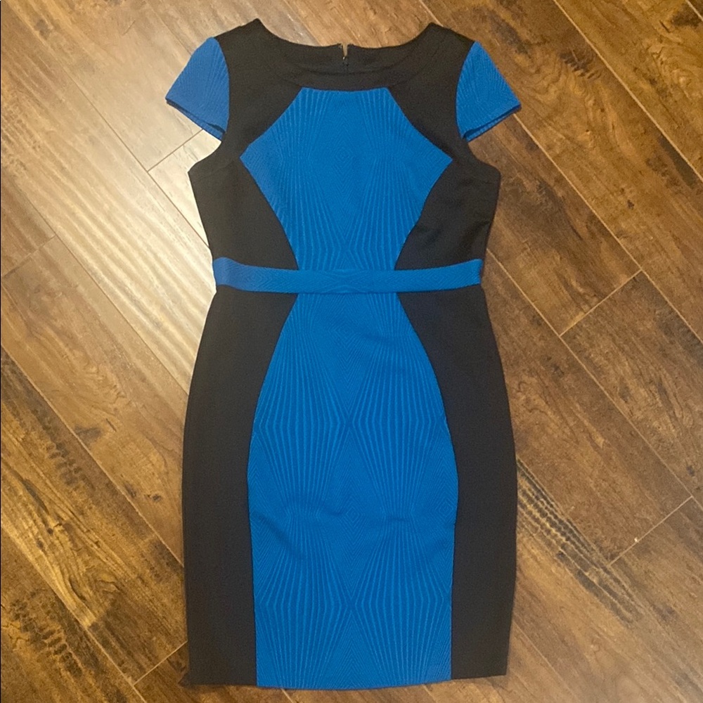 Signature by Sangria Blue and Black Ribbed Sheath Dress